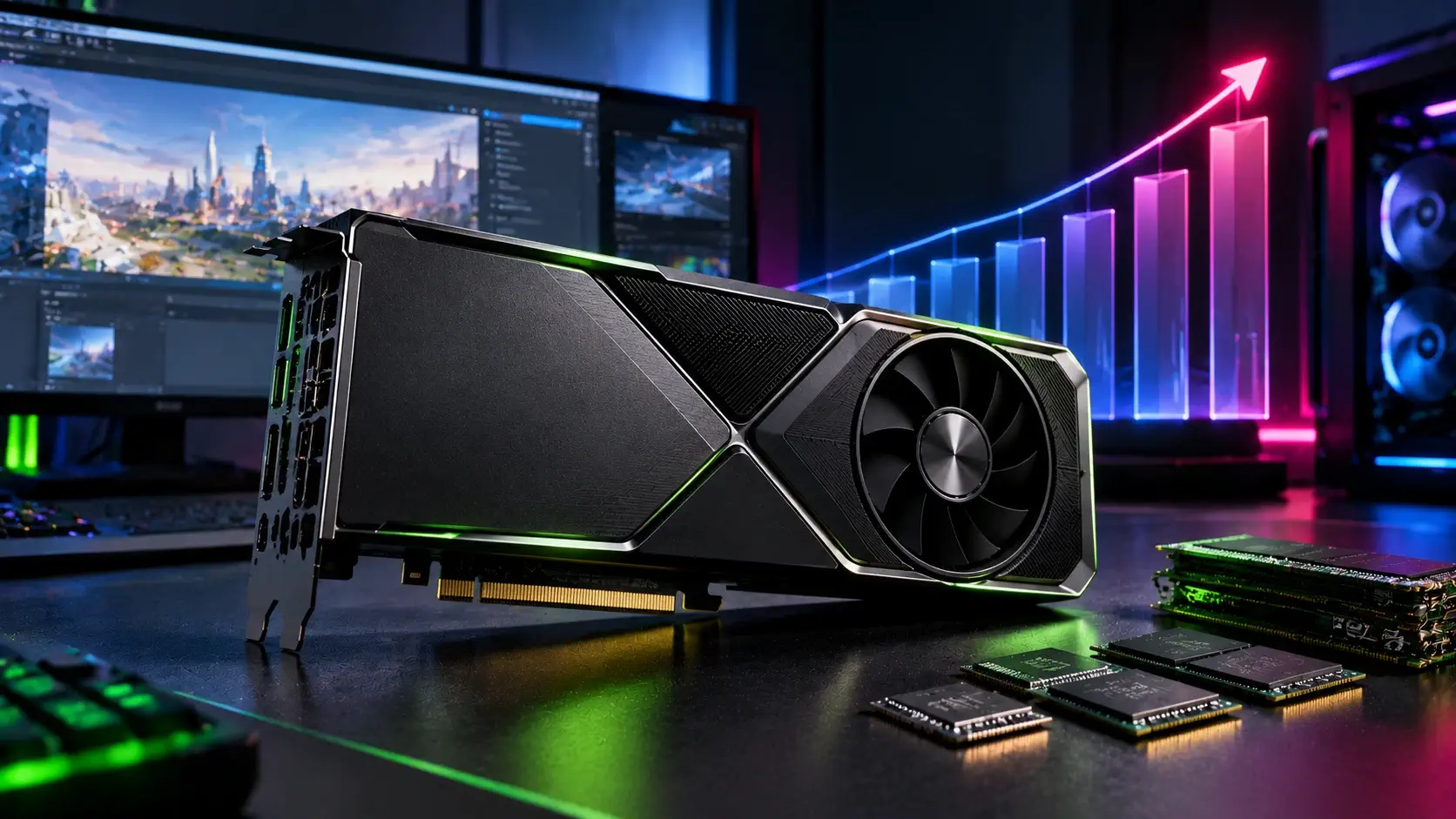 NVIDIA RTX PRO 6000 style workstation graphics card on a desk beside memory chips, with a rising bar chart glowing in the background and a monitor showing creative software