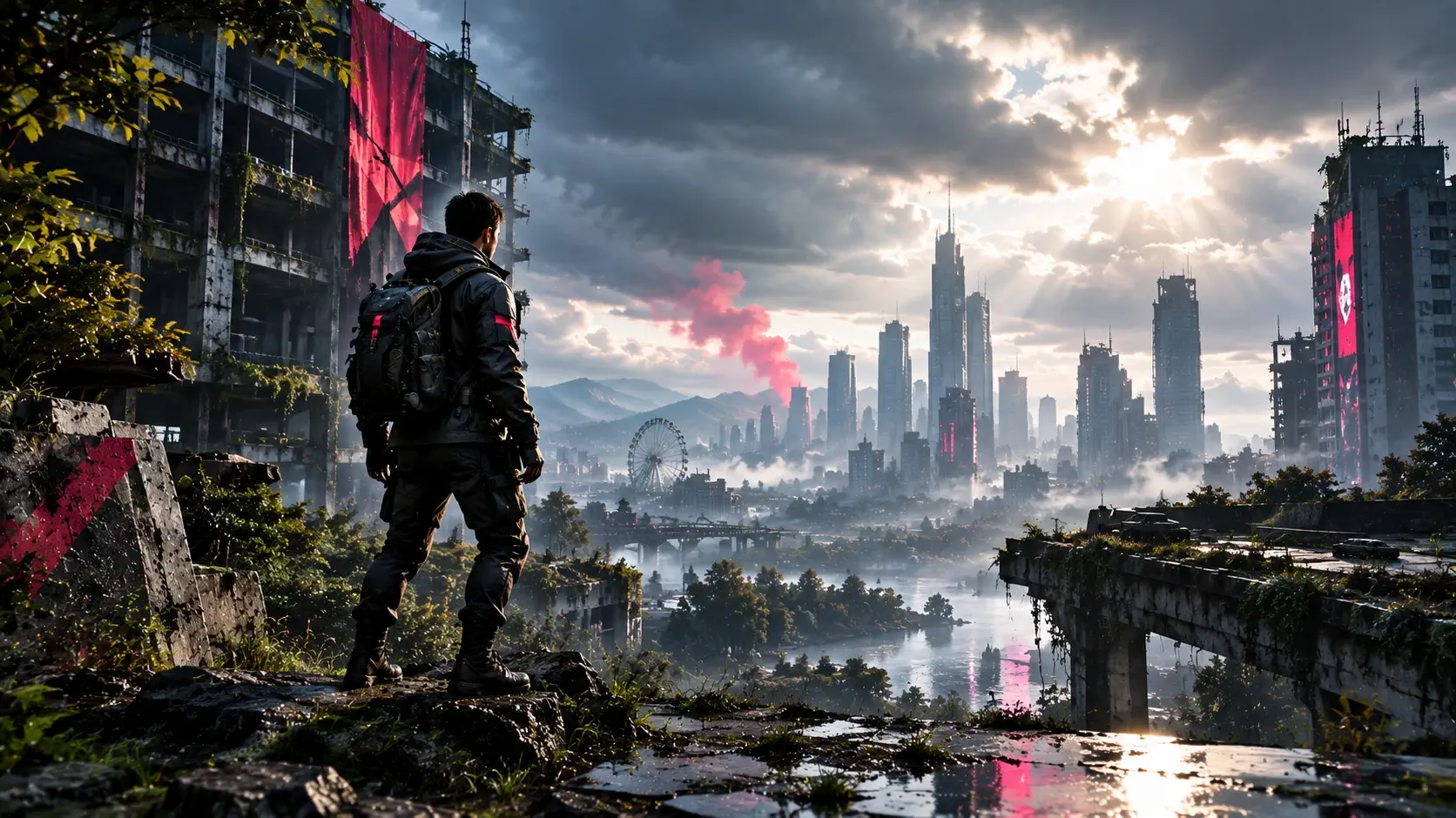 Armed survivor with a backpack overlooking a ruined, overgrown city skyline with red banners, pink smoke, a ferry wheel and a river under a stormy sky