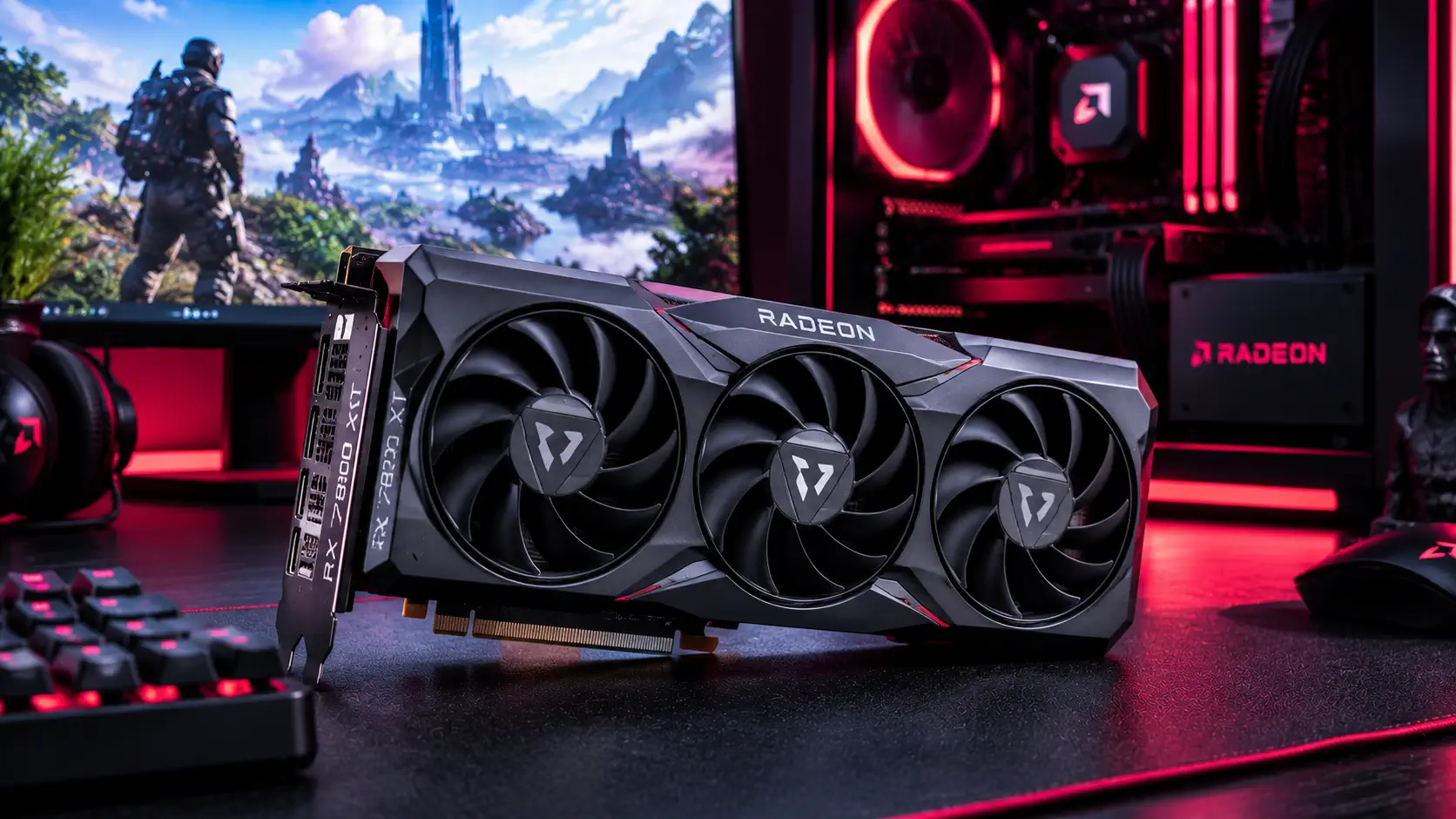 AMD Radeon RX 7800 XT graphics card on a desk in front of a red-lit gaming PC