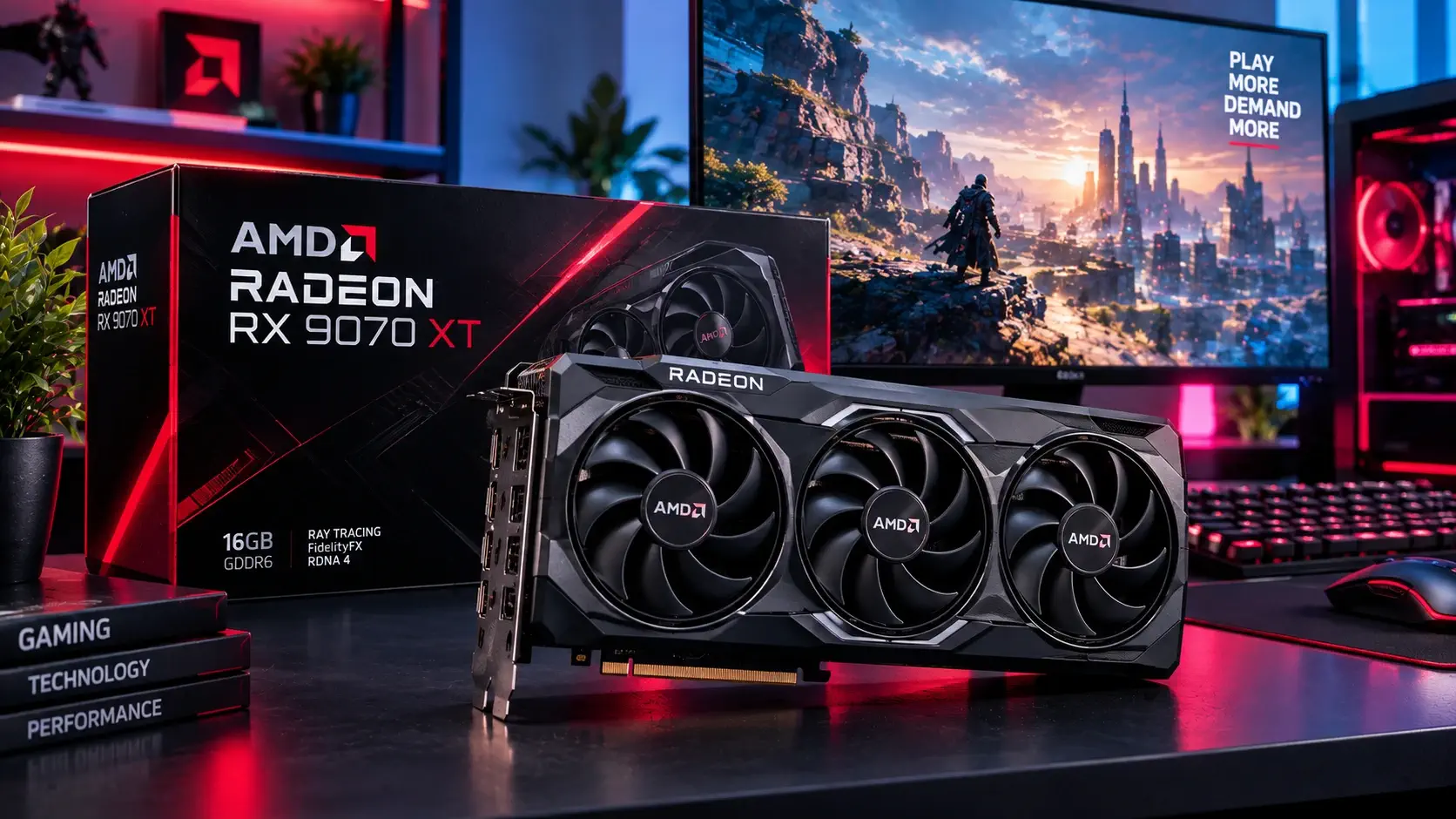 AMD Radeon RX 9070 XT triple-fan graphics card in front of its retail box, on a desk with a red-lit PC, keyboard, mouse and a monitor showing a game scene