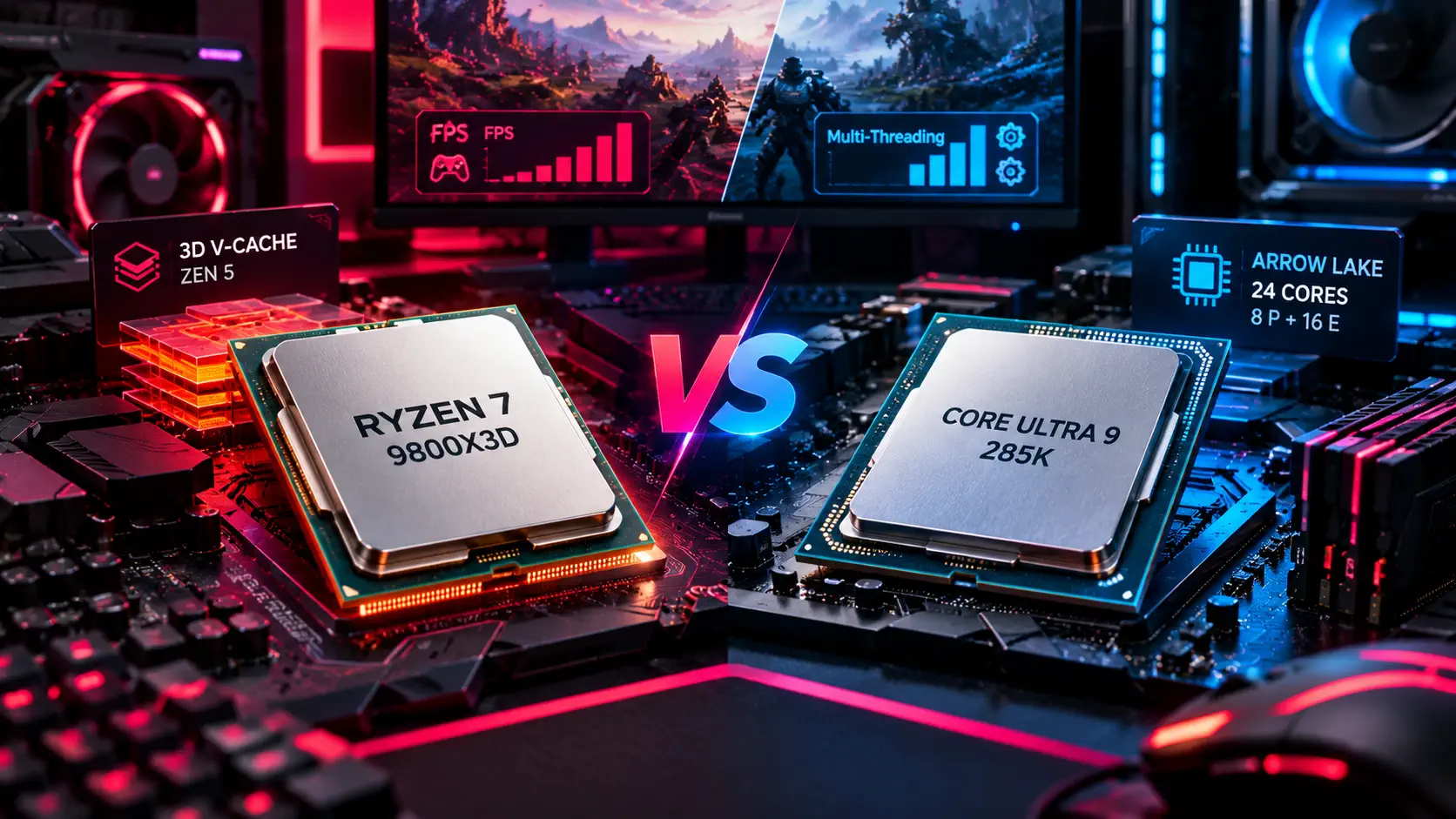 Ryzen 7 9800X3D and Core Ultra 9 285K processors facing off on motherboards with a VS graphic