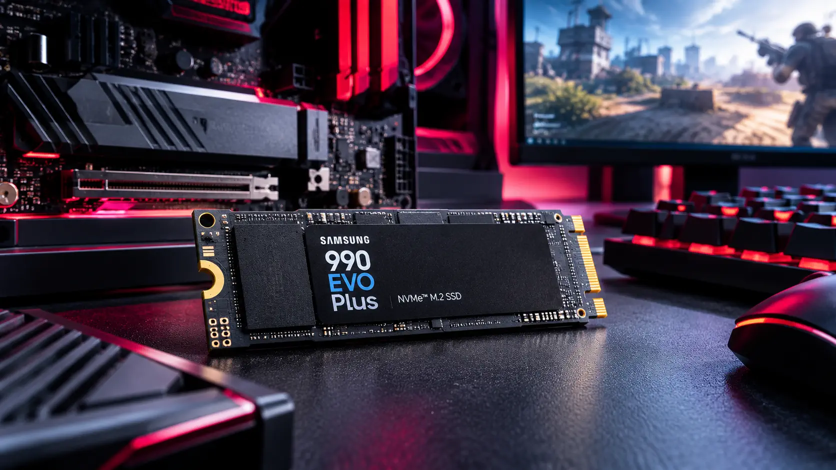Samsung 990 EVO Plus NVMe M.2 SSD on a desk next to a gaming PC motherboard