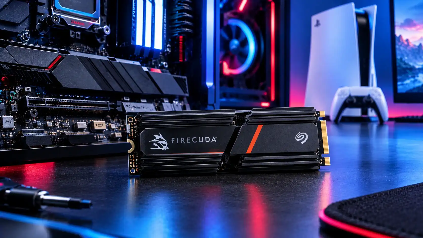 Seagate FireCuda 530 NVMe SSD with heatsink on a desk beside a motherboard and PlayStation 5 console