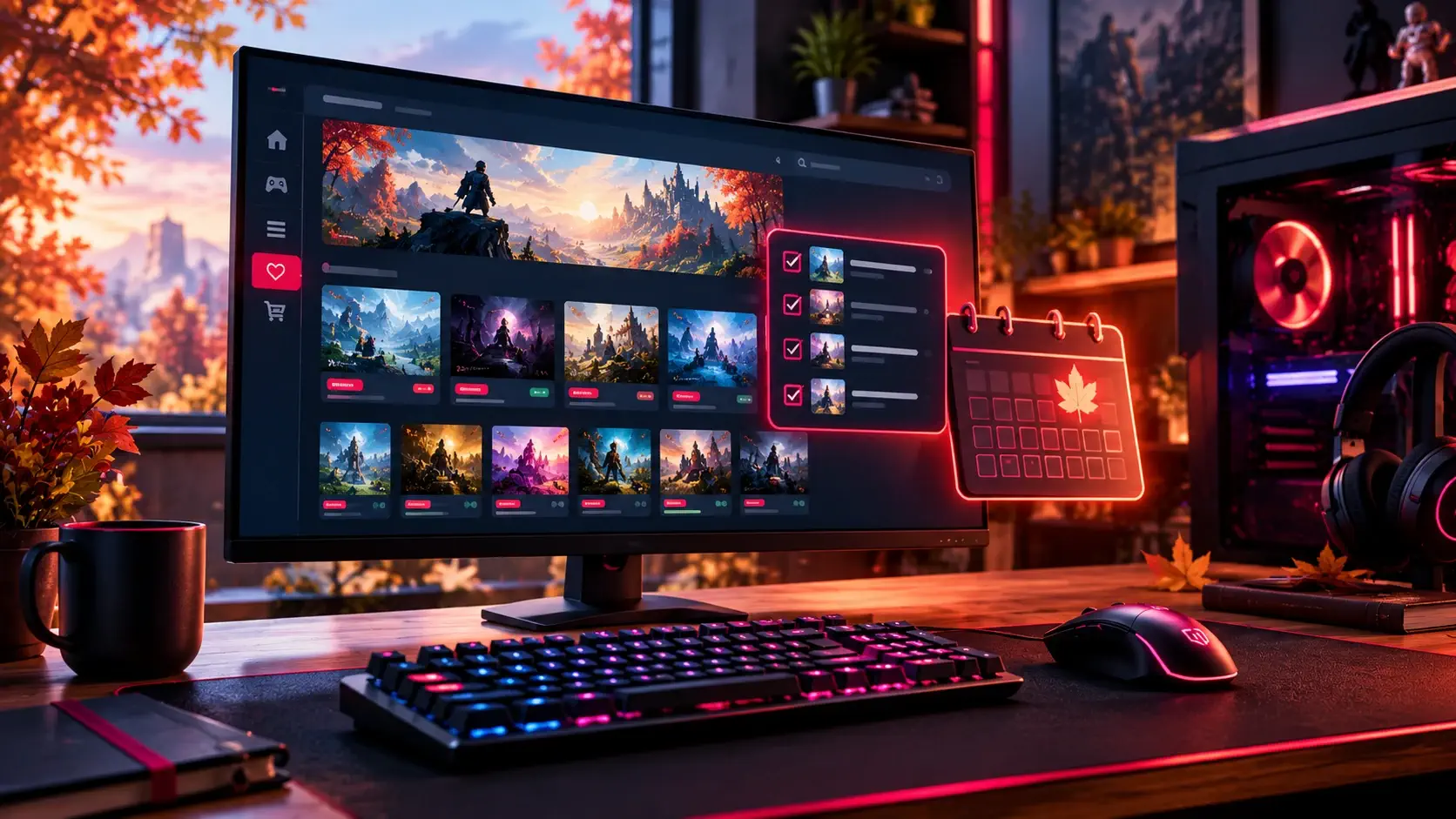 Gaming desk in autumn light with a monitor showing a game store wishlist, a checklist and a sale calendar with a maple leaf