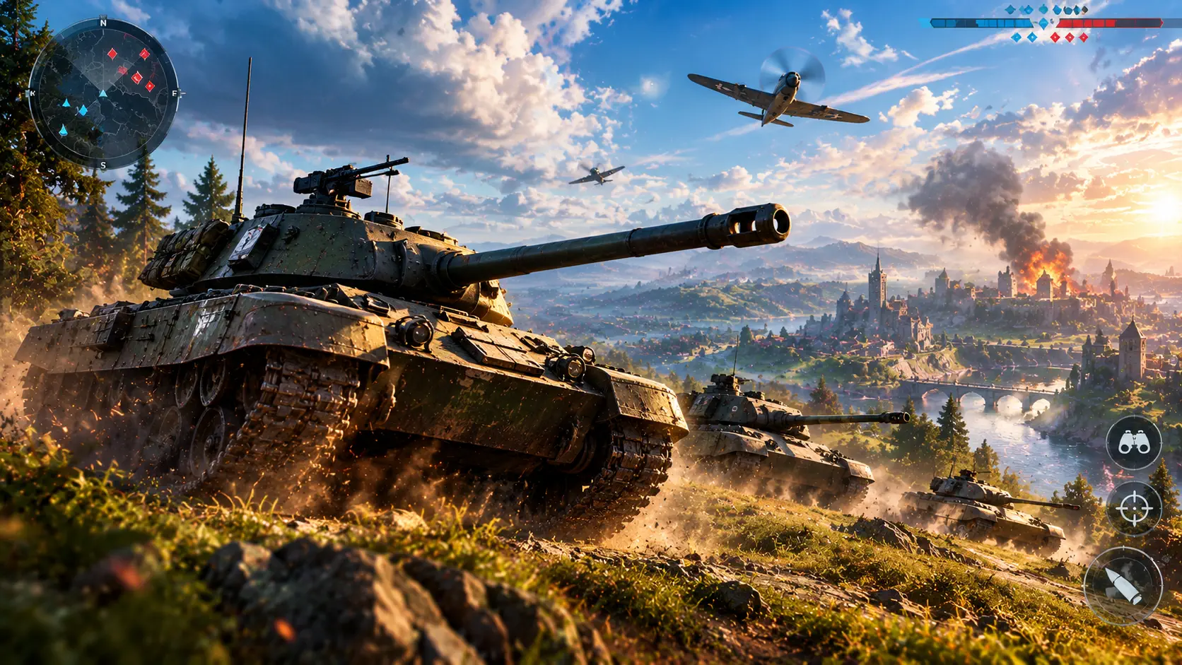 Heavy tanks charging across a grassy hill with fighter planes overhead and a burning town in the distance