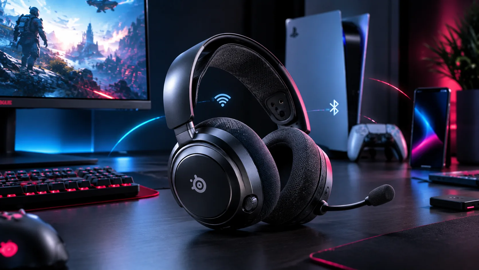 SteelSeries Arctis Nova 7 wireless gaming headset on a desk with PC and console