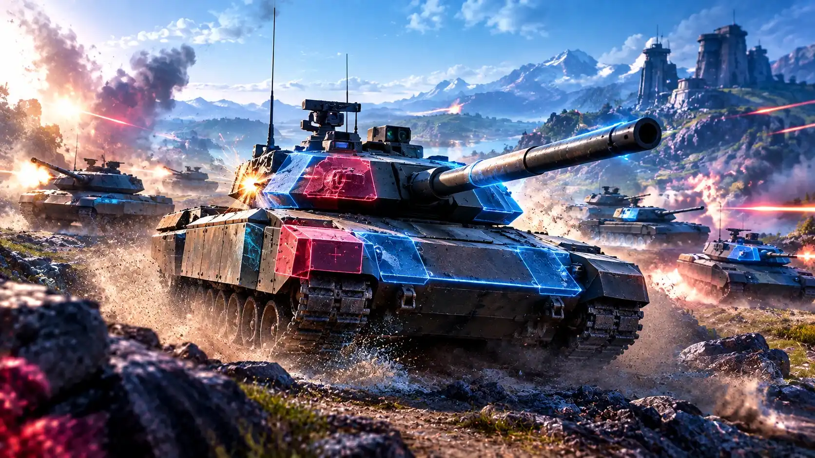 Heavy tank charging across rocky terrain amid explosions and enemy tanks in a mountain battlefield
