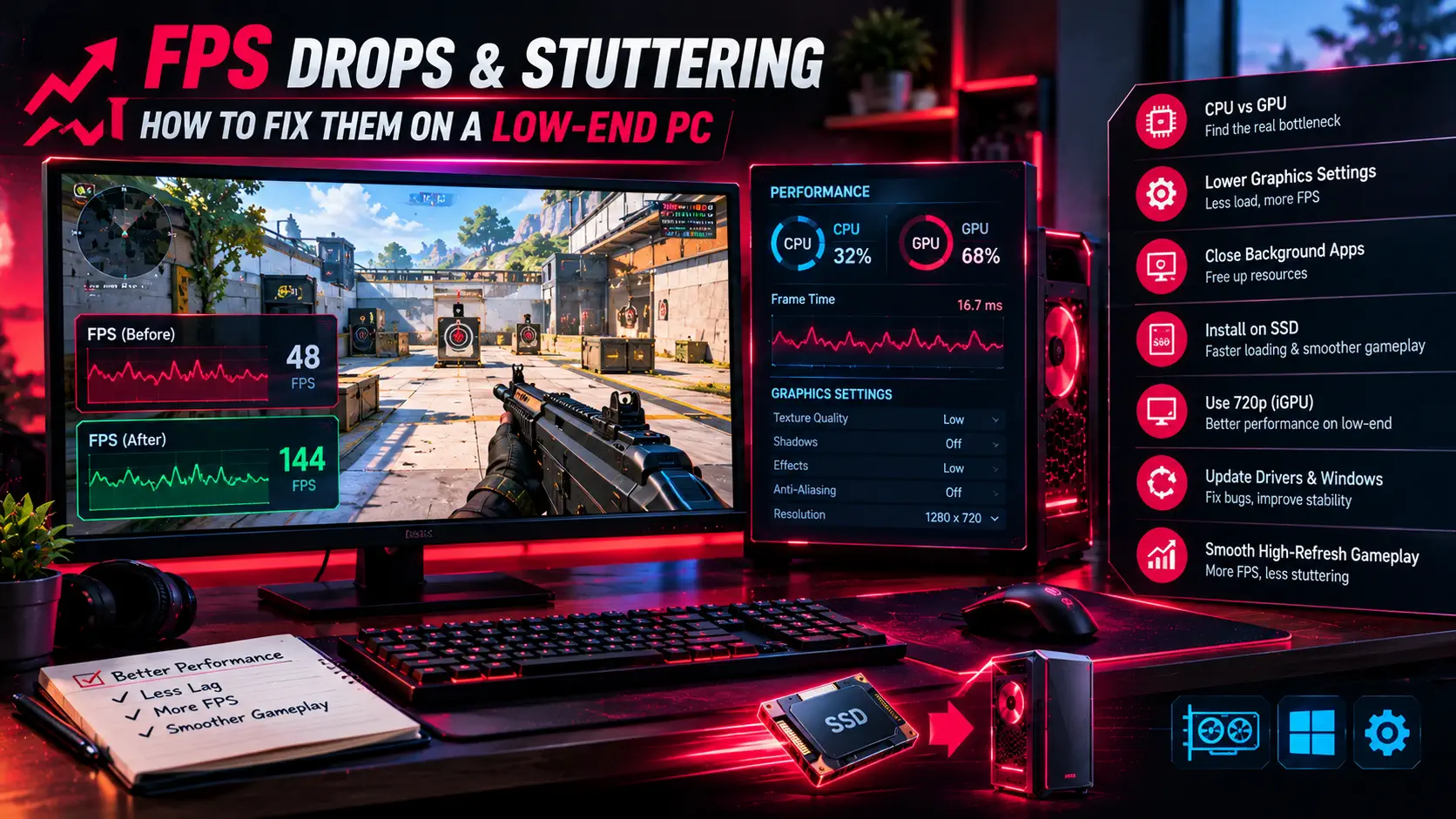 Gaming PC setup with a first-person shooter on the monitor showing FPS rising from 48 to 144, a CPU and GPU usage panel, low graphics settings, an SSD and a checklist of fixes for FPS drops and stuttering