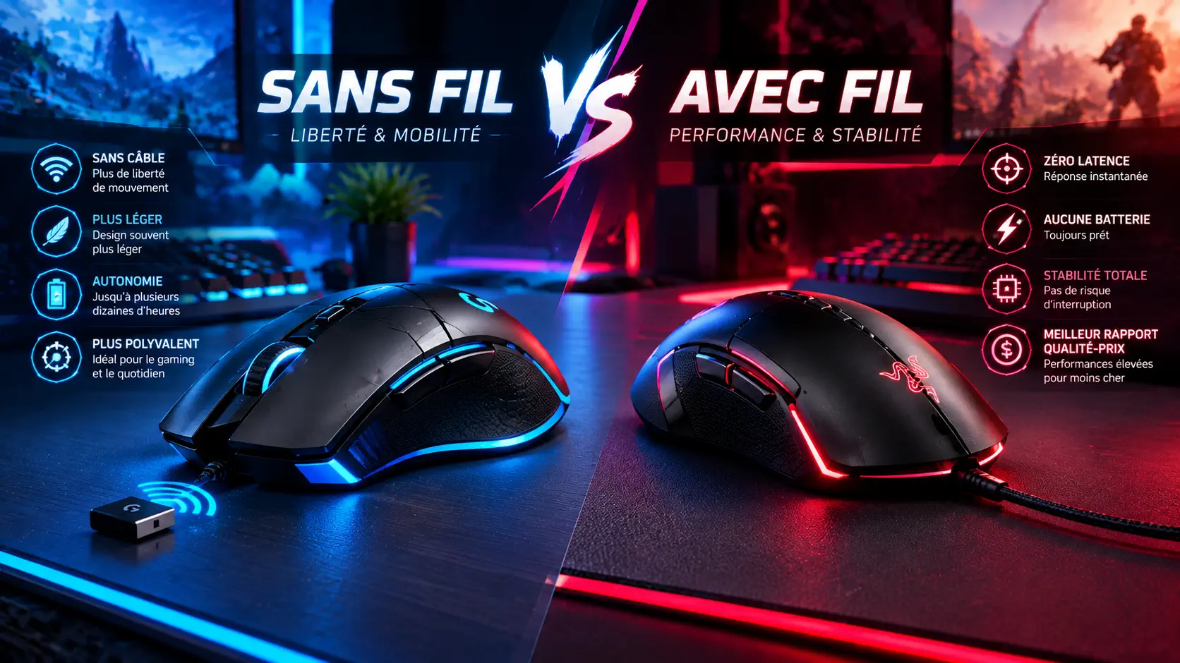 Split comparison of a wireless gaming mouse with USB receiver under blue light and a wired gaming mouse under red light