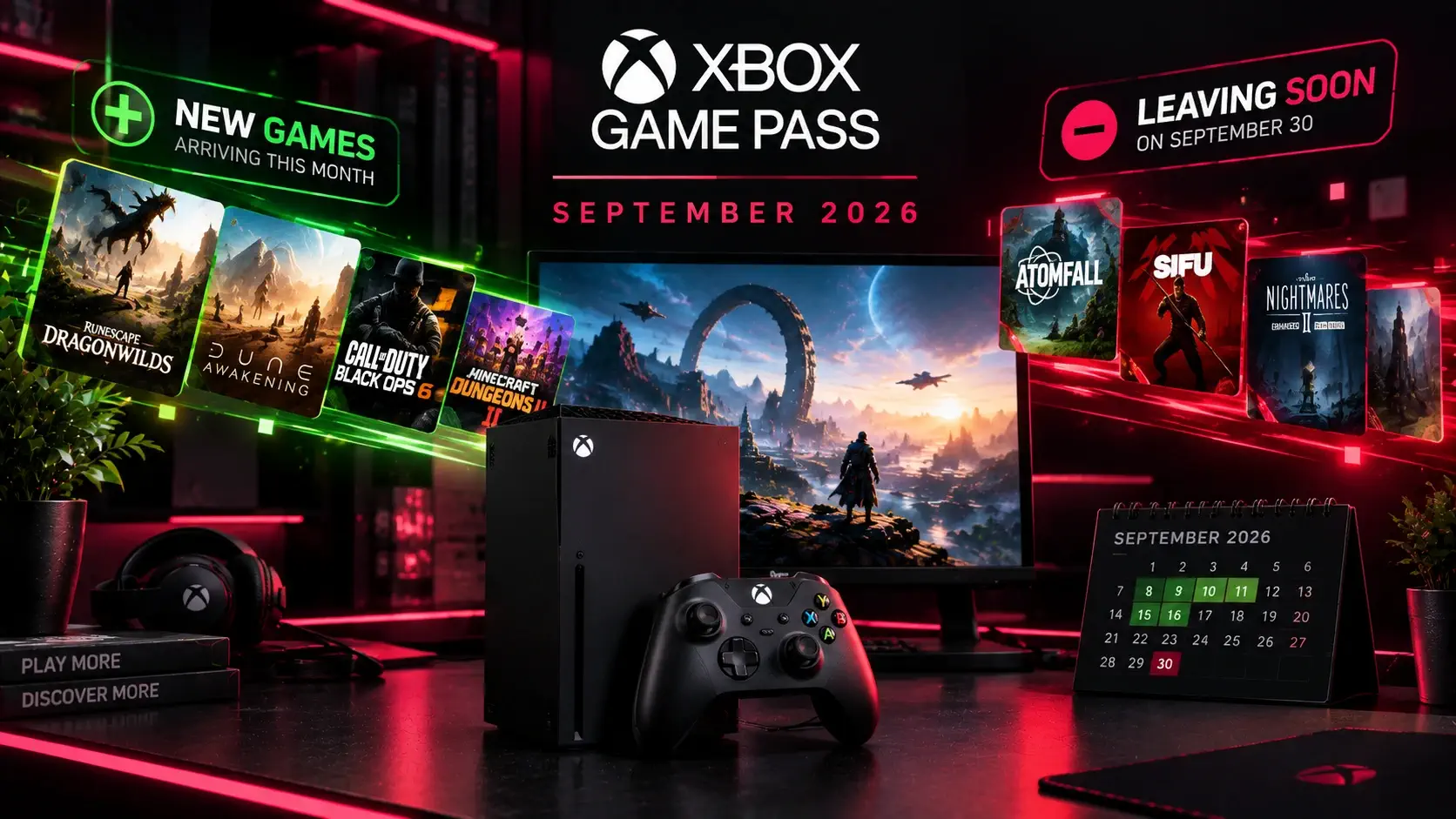 Xbox Game Pass September 2026 graphic with a Series X console and controller, new games arriving on the left including RuneScape Dragonwilds, Dune Awakening, Call of Duty Black Ops 6 and Minecraft Dungeons II, and games leaving on September 30 on the right including Atomfall, Sifu and Little Nightmares II